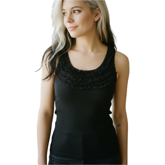 Elle Tops - Elle Black Ruffle Front Ribbed Tank Top EUC M